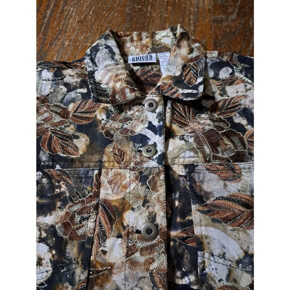 Small Chicos Size 0 Brown Tan Black Gold Metallic Button Up Floral Denim Jacket - Picture 3 of 4